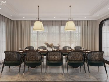 Phòng ăn và bếp thông thoáng nhờ tận dụng tốt khả năng lấy sáng từ 3 hướng cửa: phòng bếp + 2 mặt phòng ăn