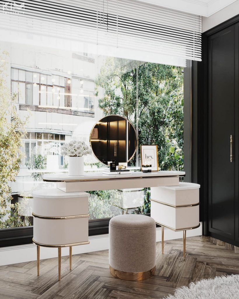 Phong cách Modern Classic trang nhã của phòng thay đồ giúp mang tới nguồn năng lượng dồi dào đầy cảm hứng mỗi buổi sáng.