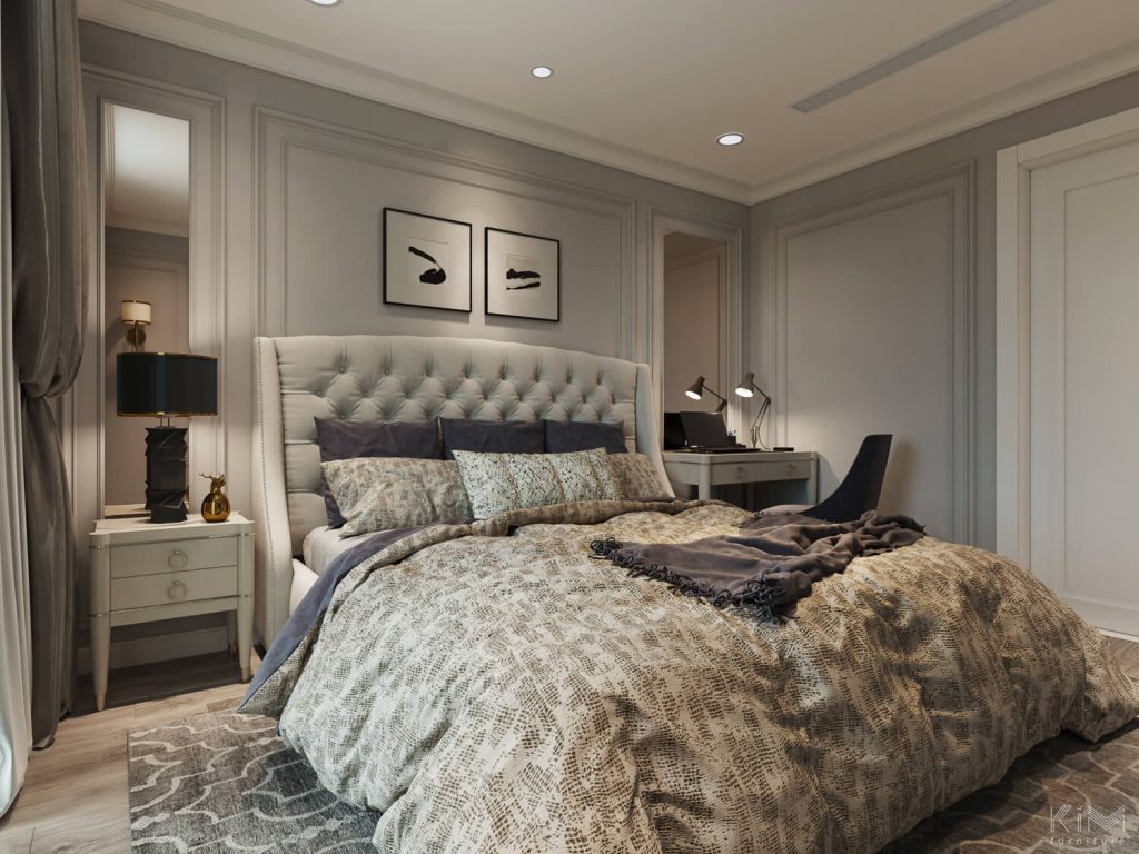Phòng ngủ kết hợp tông ghi và beige đất