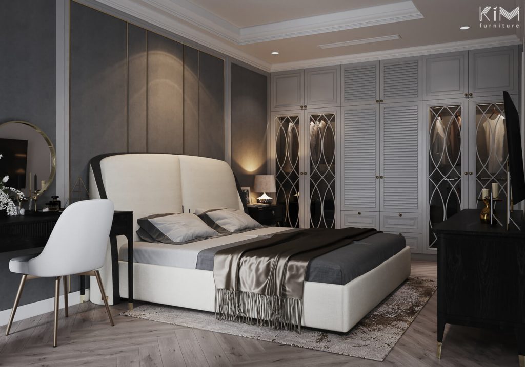 Phòng ngủ tone xám đậm hiện đại kết hợp cửa chớp indochine