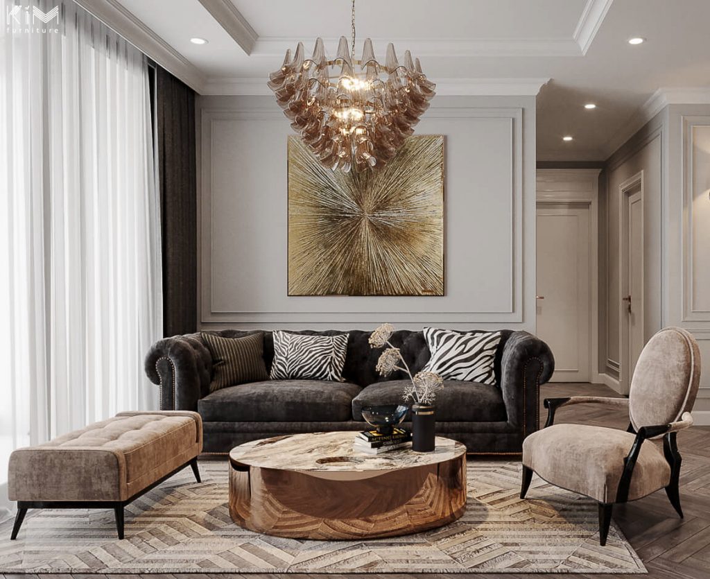 Mẫu sofa phòng khách kinh điển Chesterfield trong thiết kế của KIM - Dự án Vinhomes Skylake