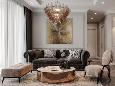 Mẫu sofa phòng khách kinh điển Chesterfield trong thiết kế của KIM - Dự án Vinhomes Skylake