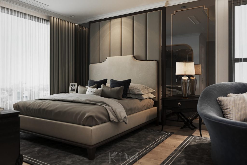 Phòng ngủ master tông màu beige nâu - Dự án chung cư Metropolis thiết kế bởi KIM