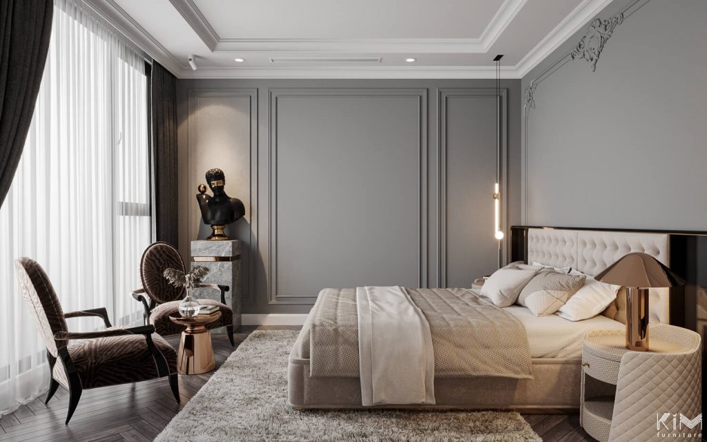 Phòng ngủ đầy chất nghệ thuật với phào chỉ tối giản và lối chơi sắc độ xám cực tốt
