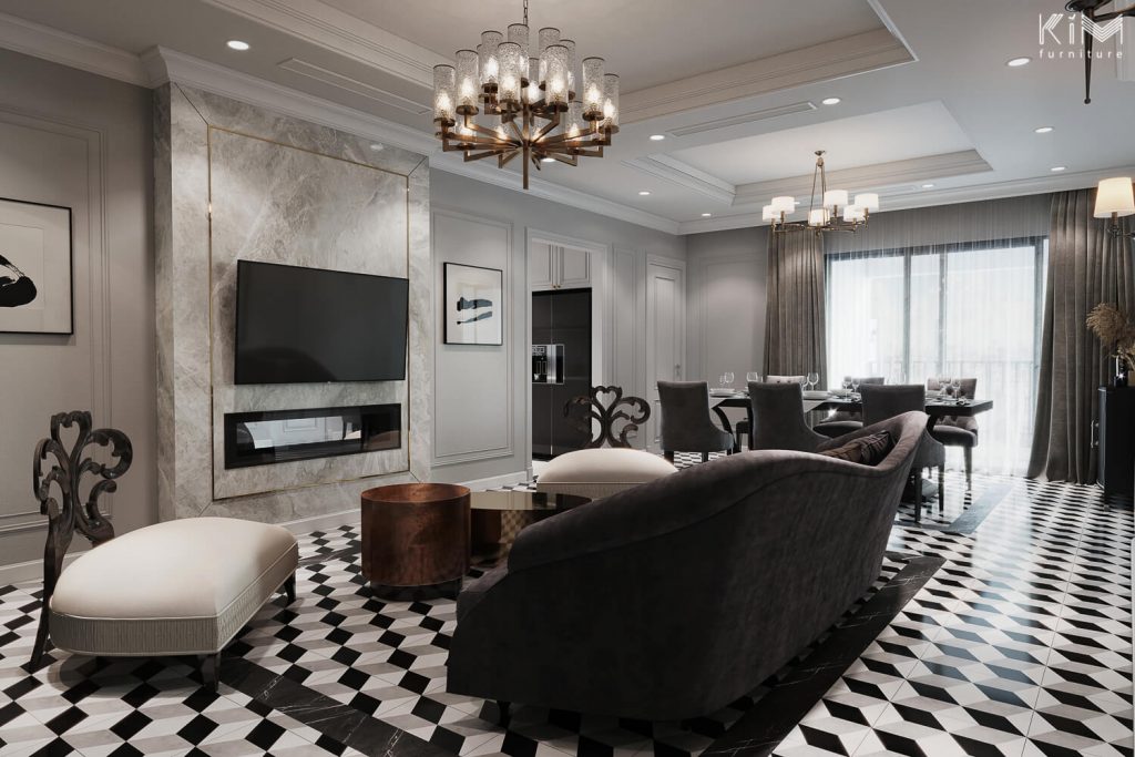 Đá marble ốp tường phòng khách màu trầm giúp không gian thêm sang trọng