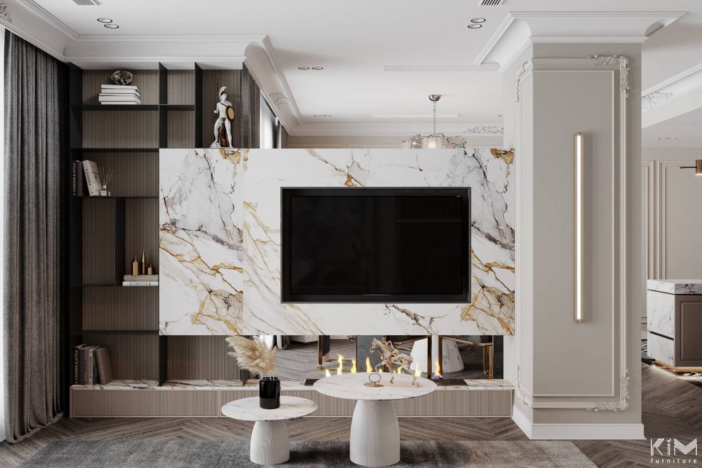 Đá marble vân calacatta gold sử dụng trong thiết kế phòng khách