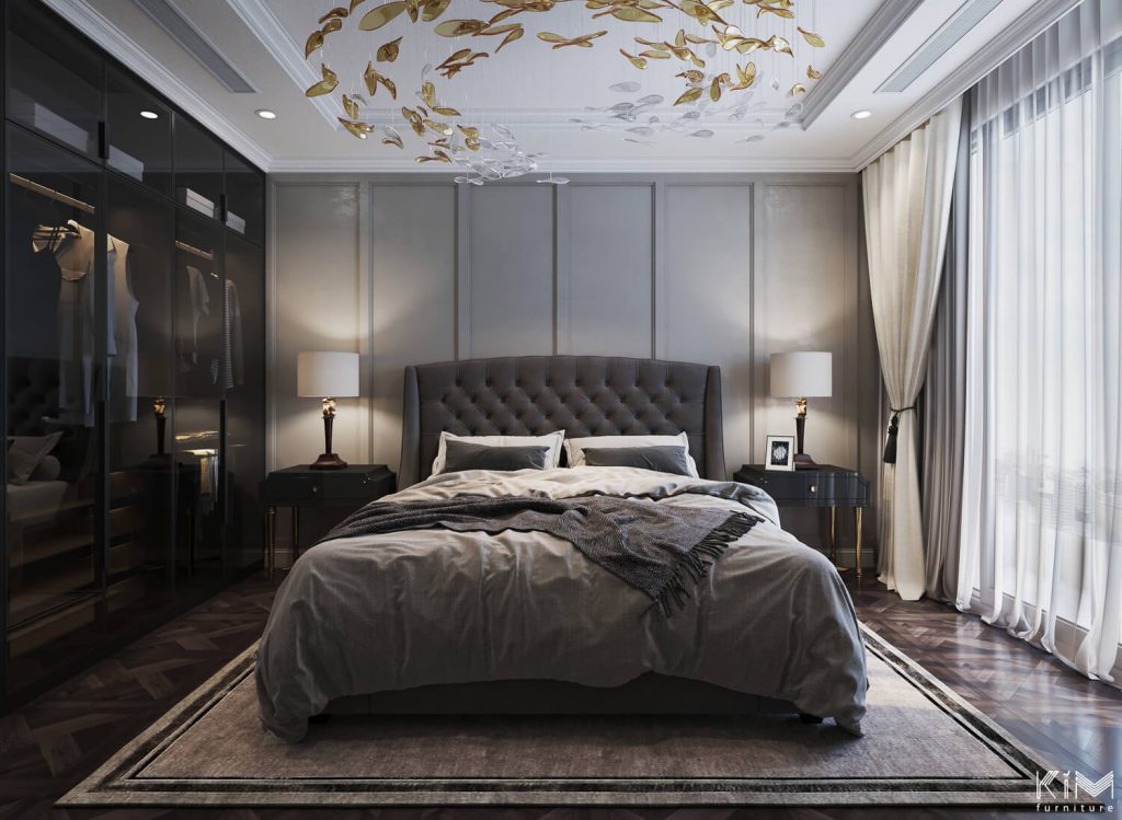 Phòng ngủ master màu xám phong cách Modern Classic ấn tượng với đèn chùm khổ lớn