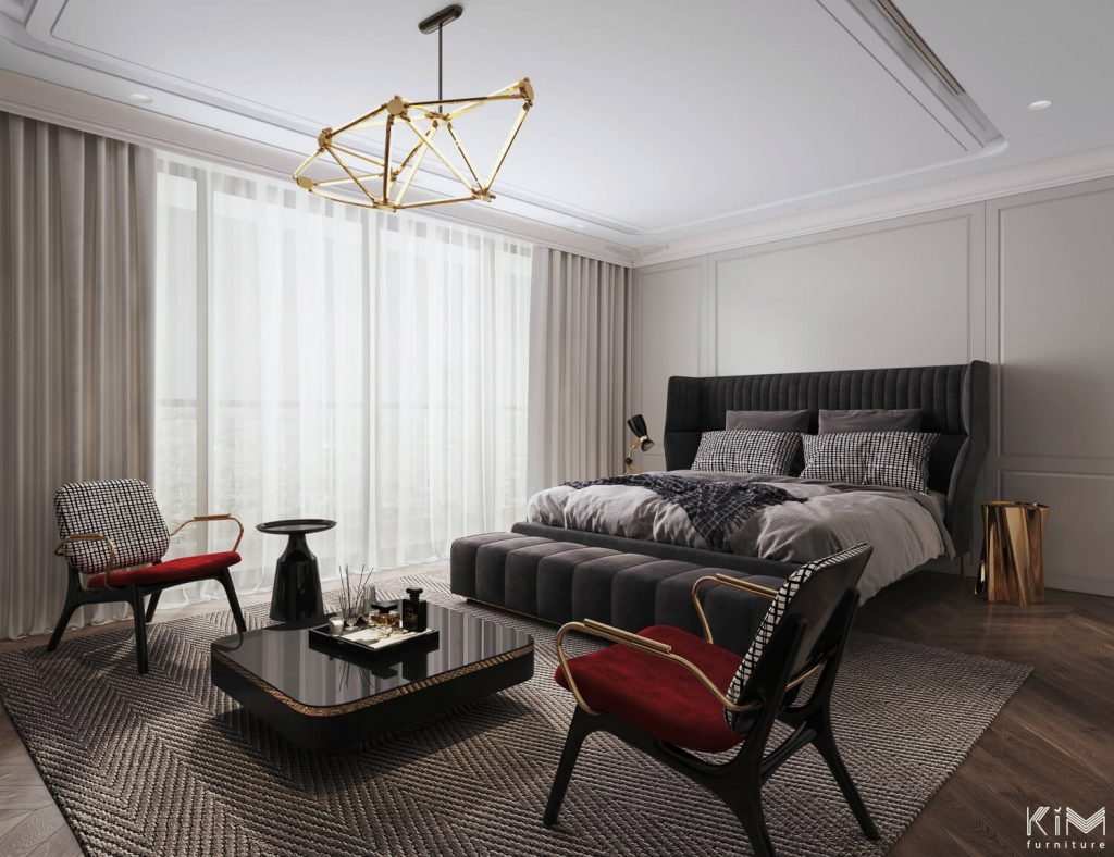 Phòng ngủ với gam đỏ Burgundy ấn tượng cùng decor PVD hiện đại