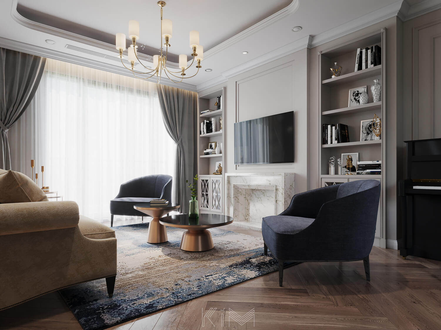 Phòng khách hơi hướng Classic với lò sưởi giả trang trí và bộ armchair cách điệu
