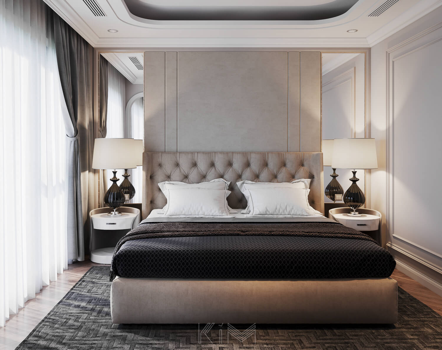 Phòng ngủ master sử dụng gam màu trung tính và ấm áp