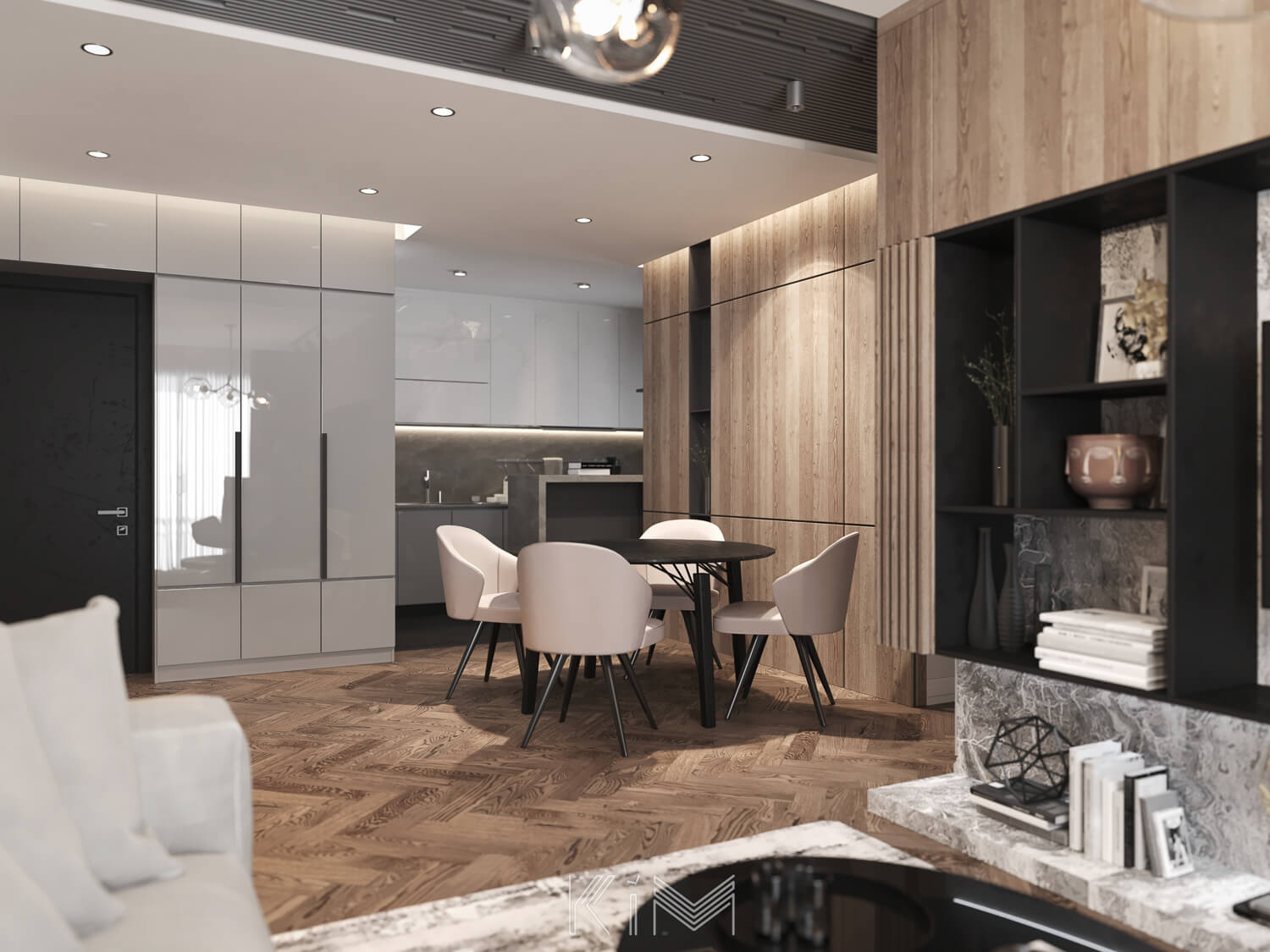 Không gian sinh hoạt chung bao gồm cả phòng ăn và bếp trong thiết kế căn hộ 2 phòng ngủ