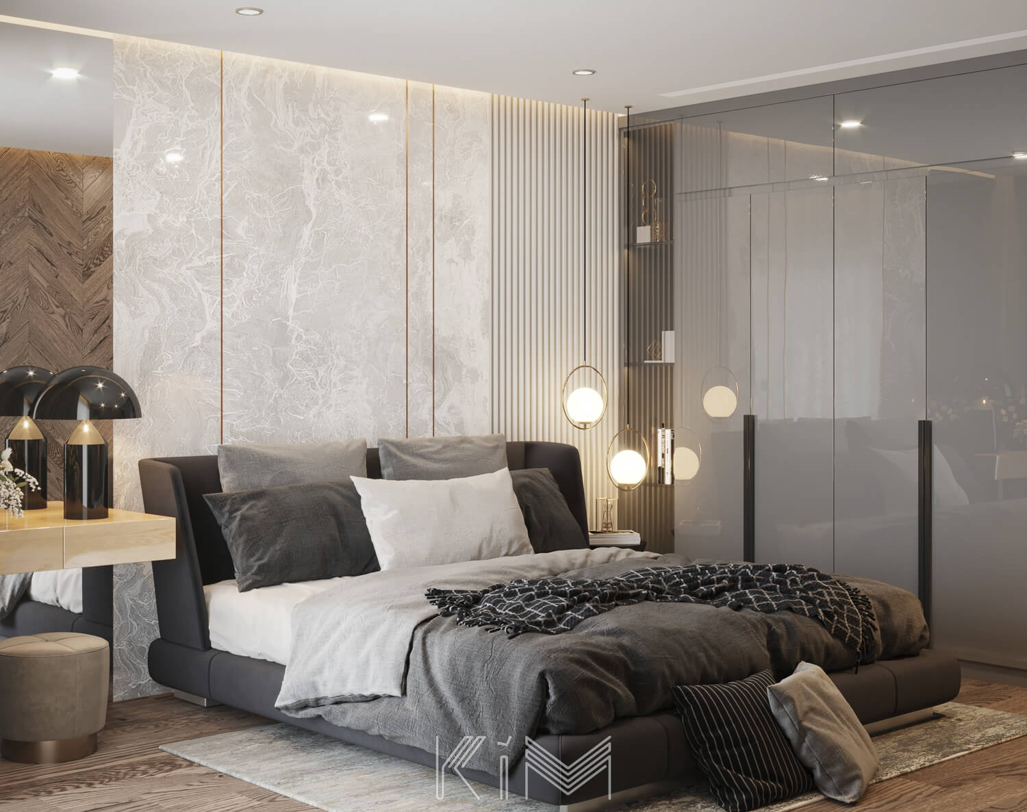 thiết kế Phòng ngủ master với tấm ốp đầu giường đá marble