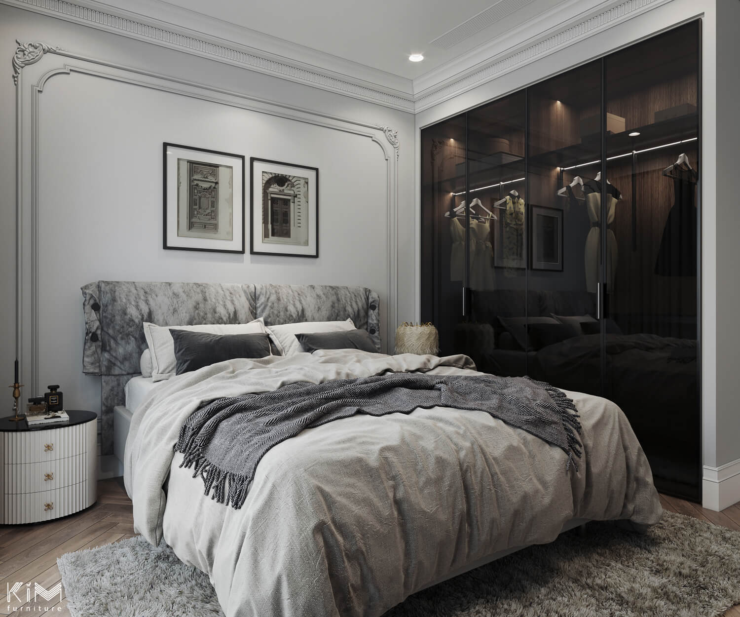 Phòng ngủ thứ 2 sử dụng sắc ghi nhạt hơn cùng tủ quần áo kính tối màu