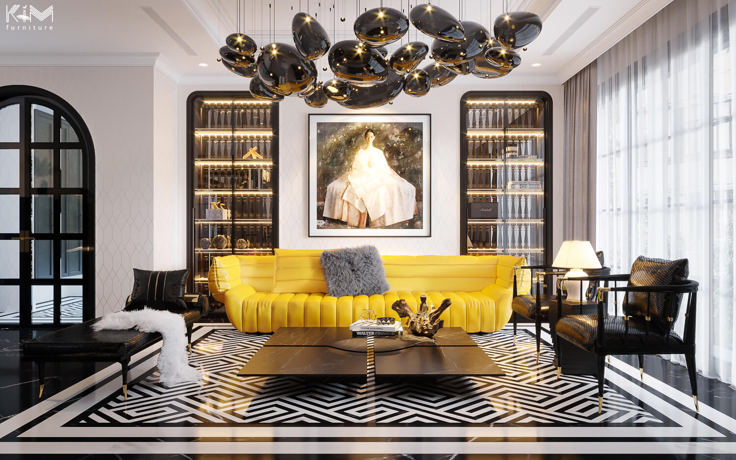 Phòng khách kết hợp hoàn hảo giữa phong cách Indochine và Modern Luxury