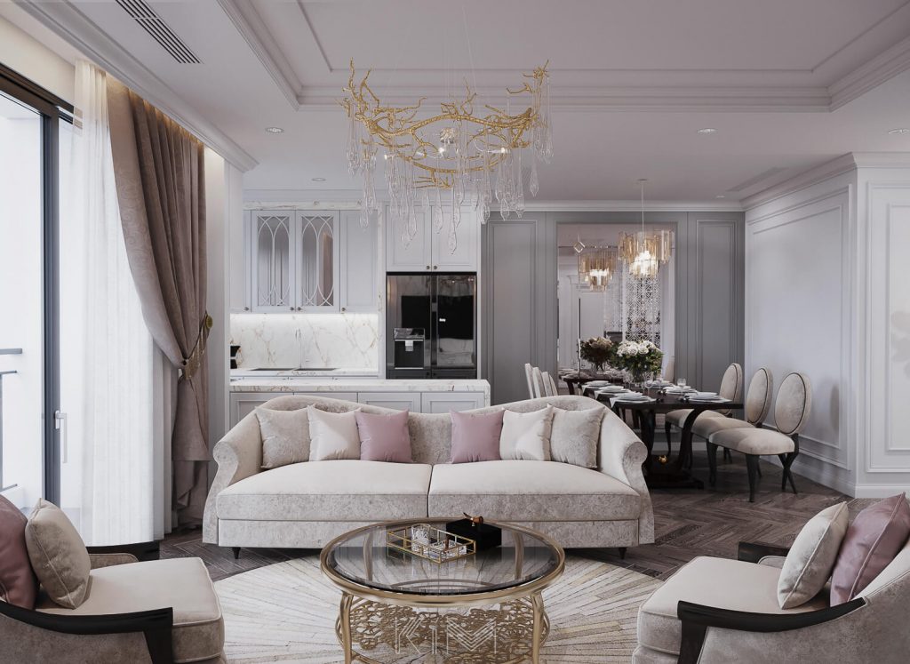 Thiết kế phòng khách Modern Classic dịu dàng và nữ tính màu hồng pastel