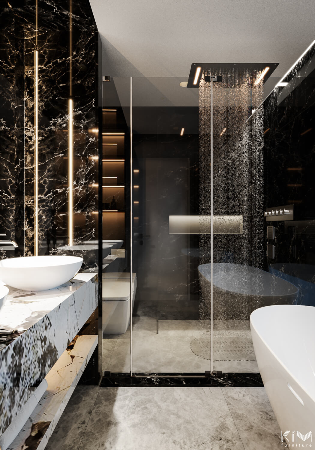 Thiết kế phòng tắm hiện đại Modern Luxury với đèn rọi 