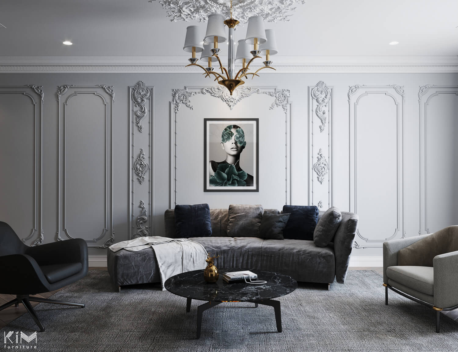 Chiếc sofa Minotti phong cách bất đối xứng hiện đại trong thiết kế biệt thự Tân cổ điển