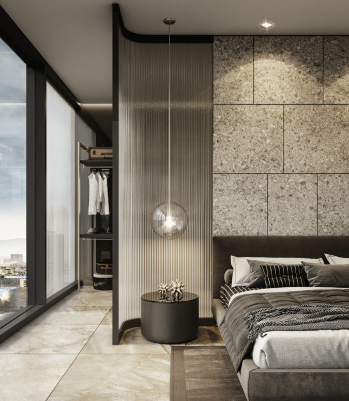 Phòng ngủ penthouse phong cách hiện đại tối giản