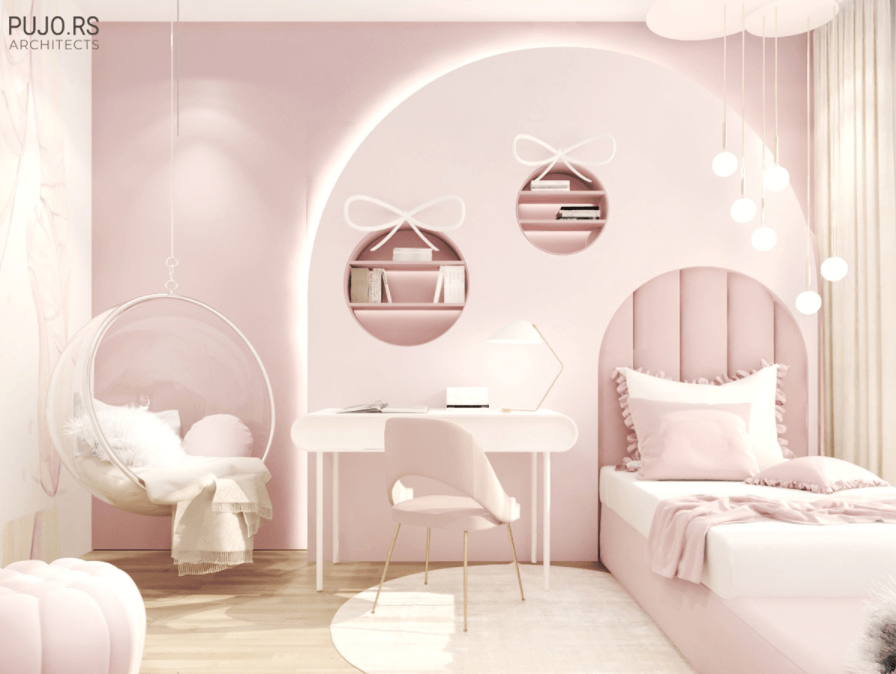 Phòng ngủ bé gái màu hồng toàn tập
