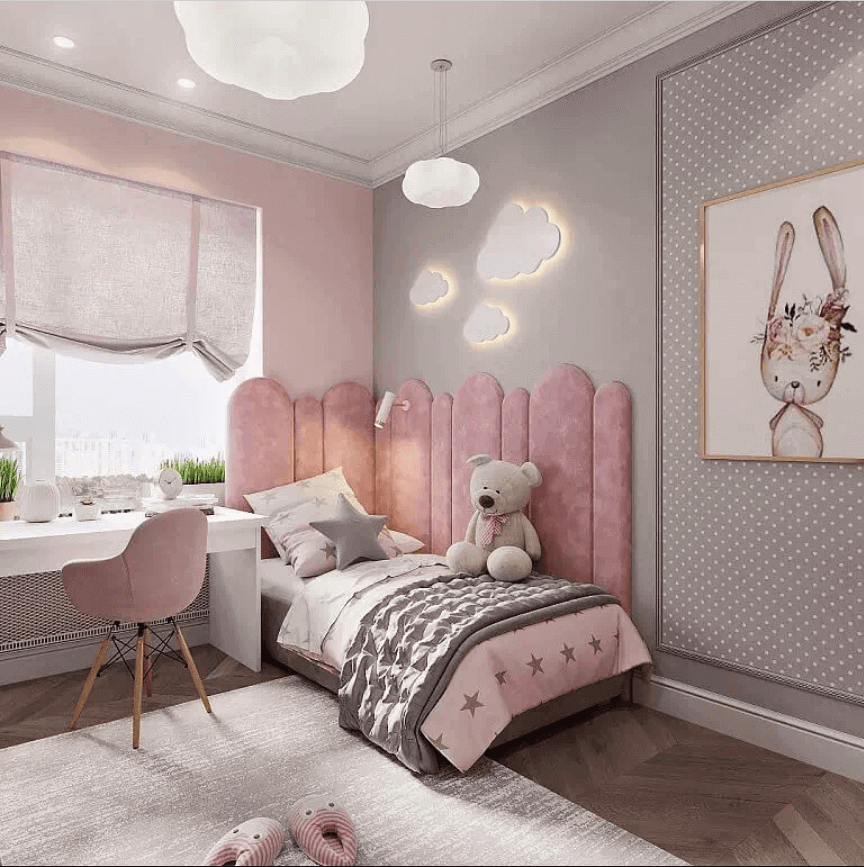 Thiết kế phòng ngủ cho bé gái màu hồng và ghi dịu mắt