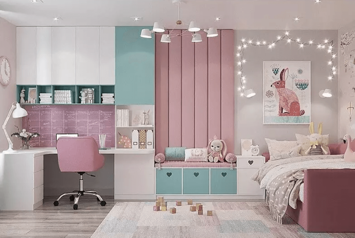 Thiết kế phòng ngủ cho bé gái gam màu hồng kết hợp xanh dễ thương