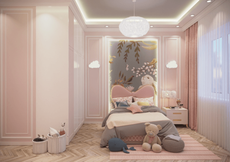 Thiết kế phòng ngủ cho bé gái màu hồng với giường nơ