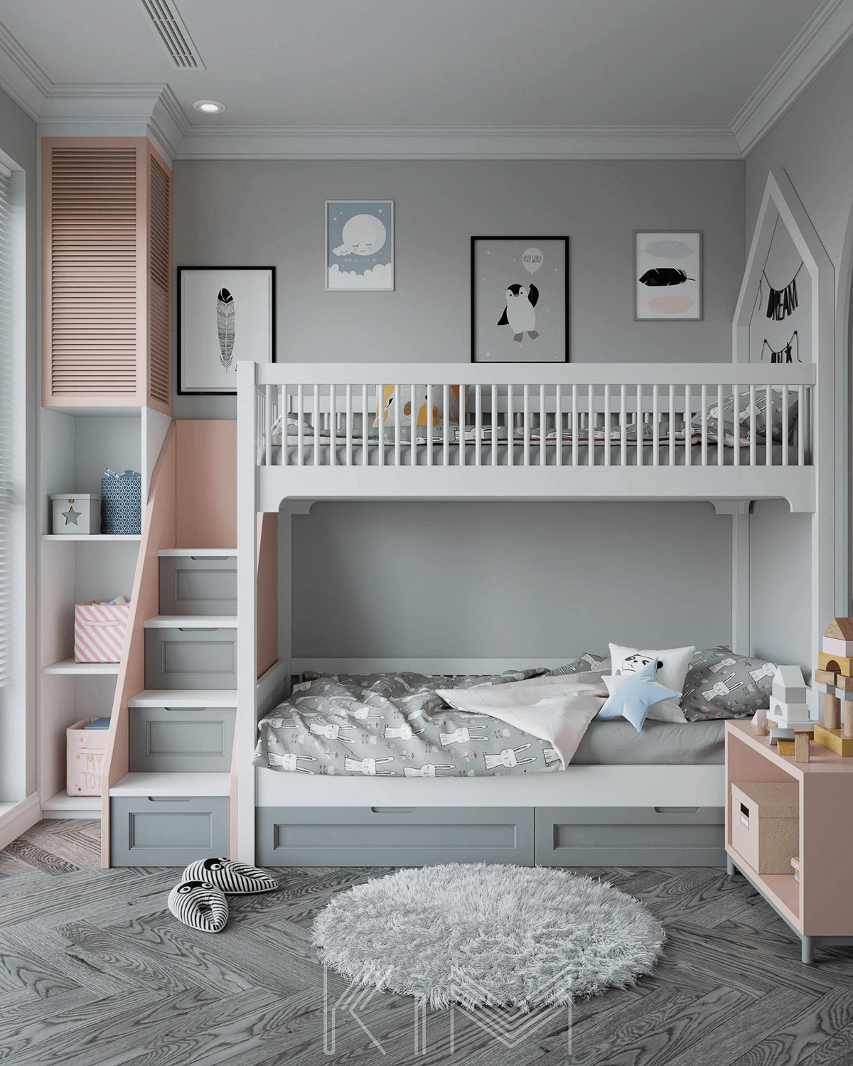Phòng ngủ giường tầng màu hồng