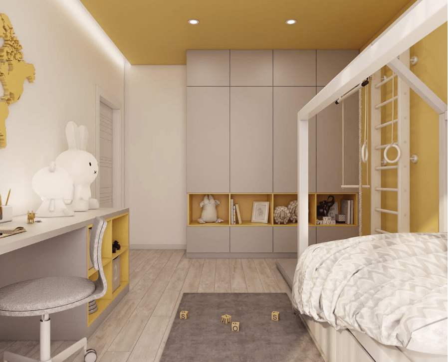 Phòng ngủ màu vàng cho bé gái năng động