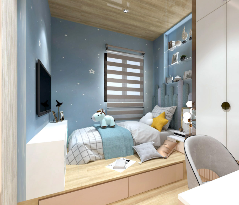 Thiết kế phòng ngủ màu xanh cho bé gái với diện tích nhỏ
