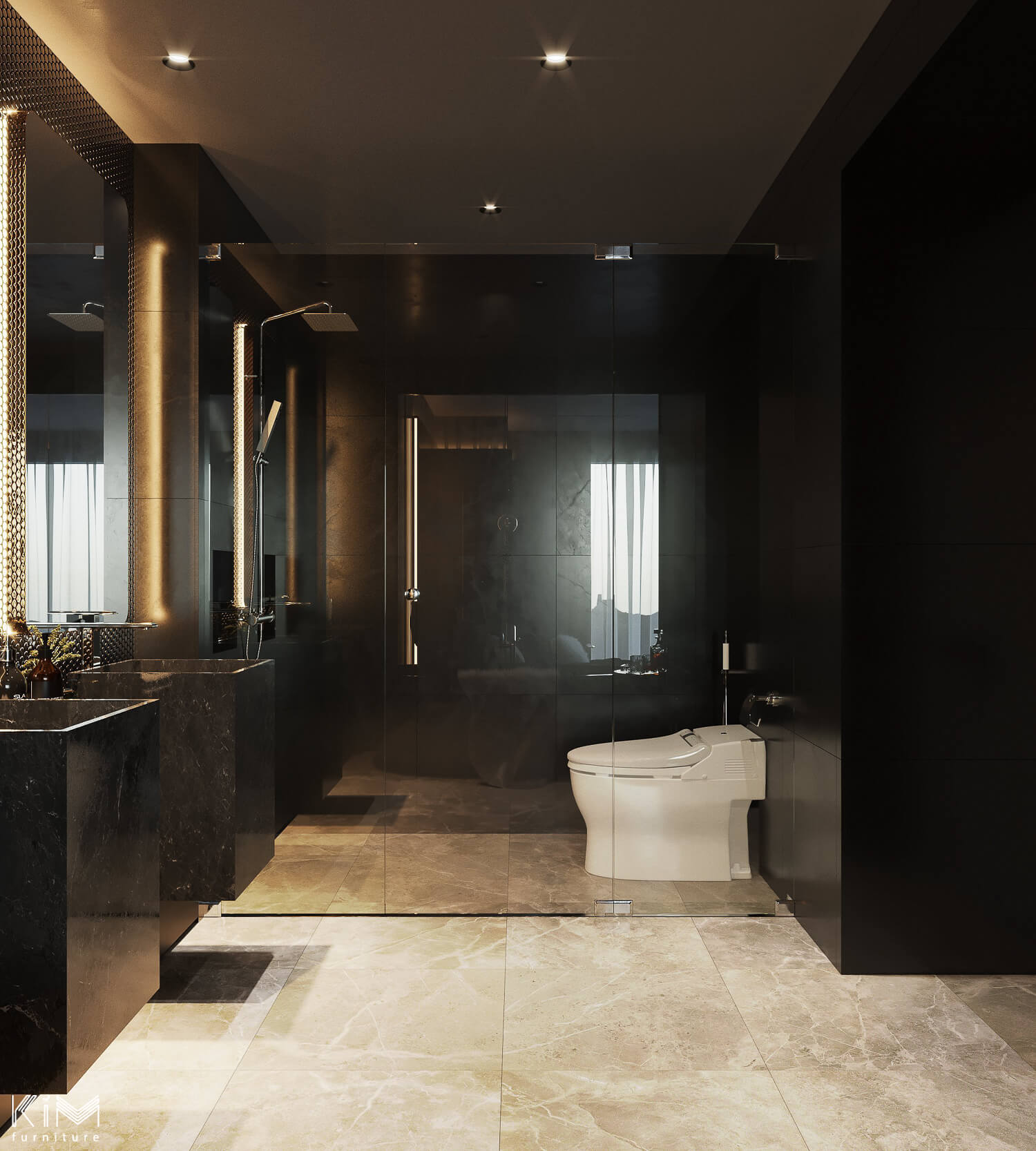 phòng tắm biệt thự tone màu đen