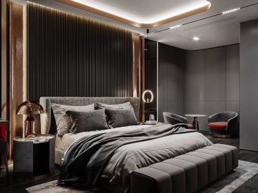 phòng ngủ master hiện đại tone tối kim furniture