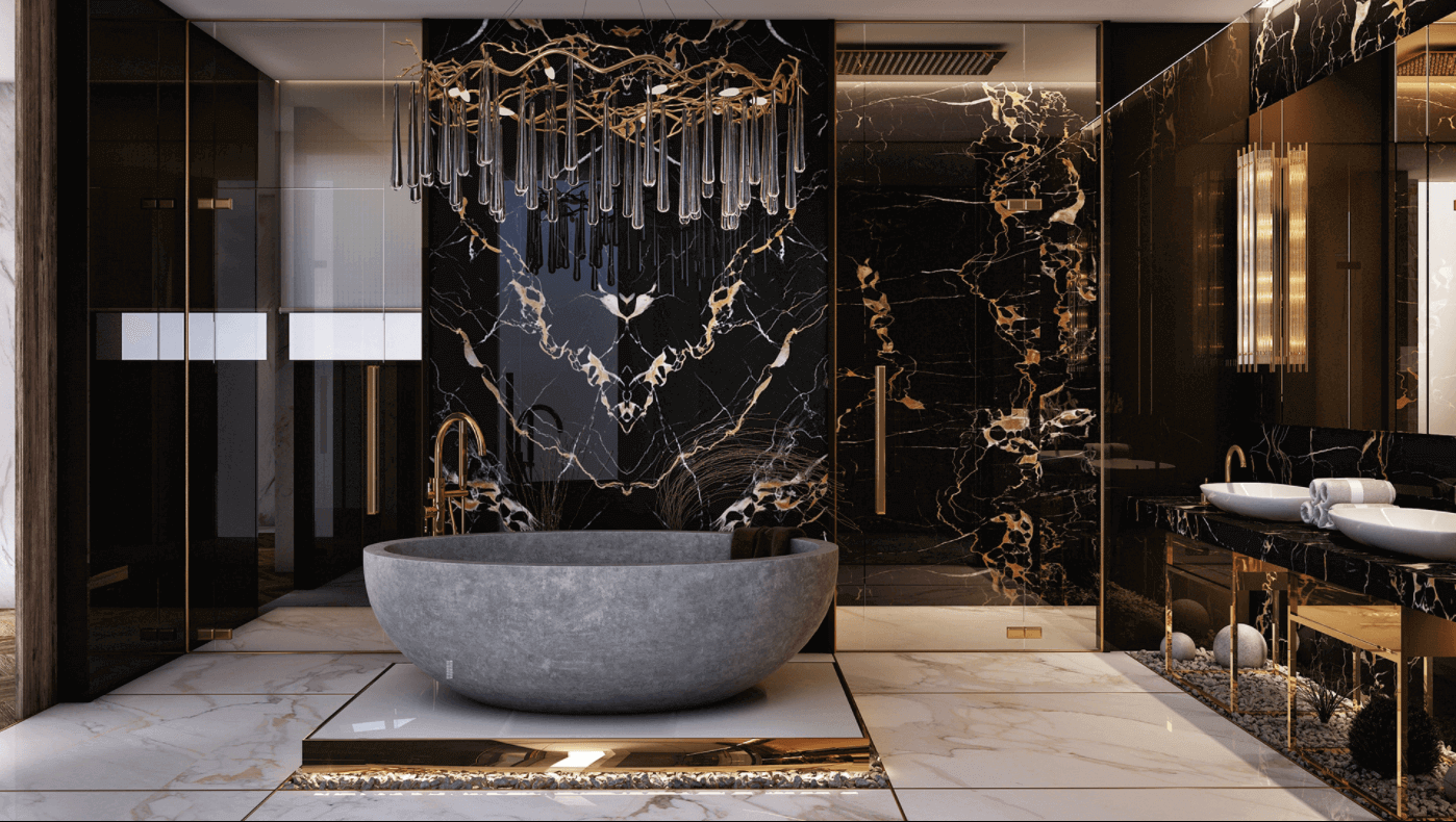 mẫu thiết kế phòng tắm master lớn và sang chảnh phong cách Dark Design