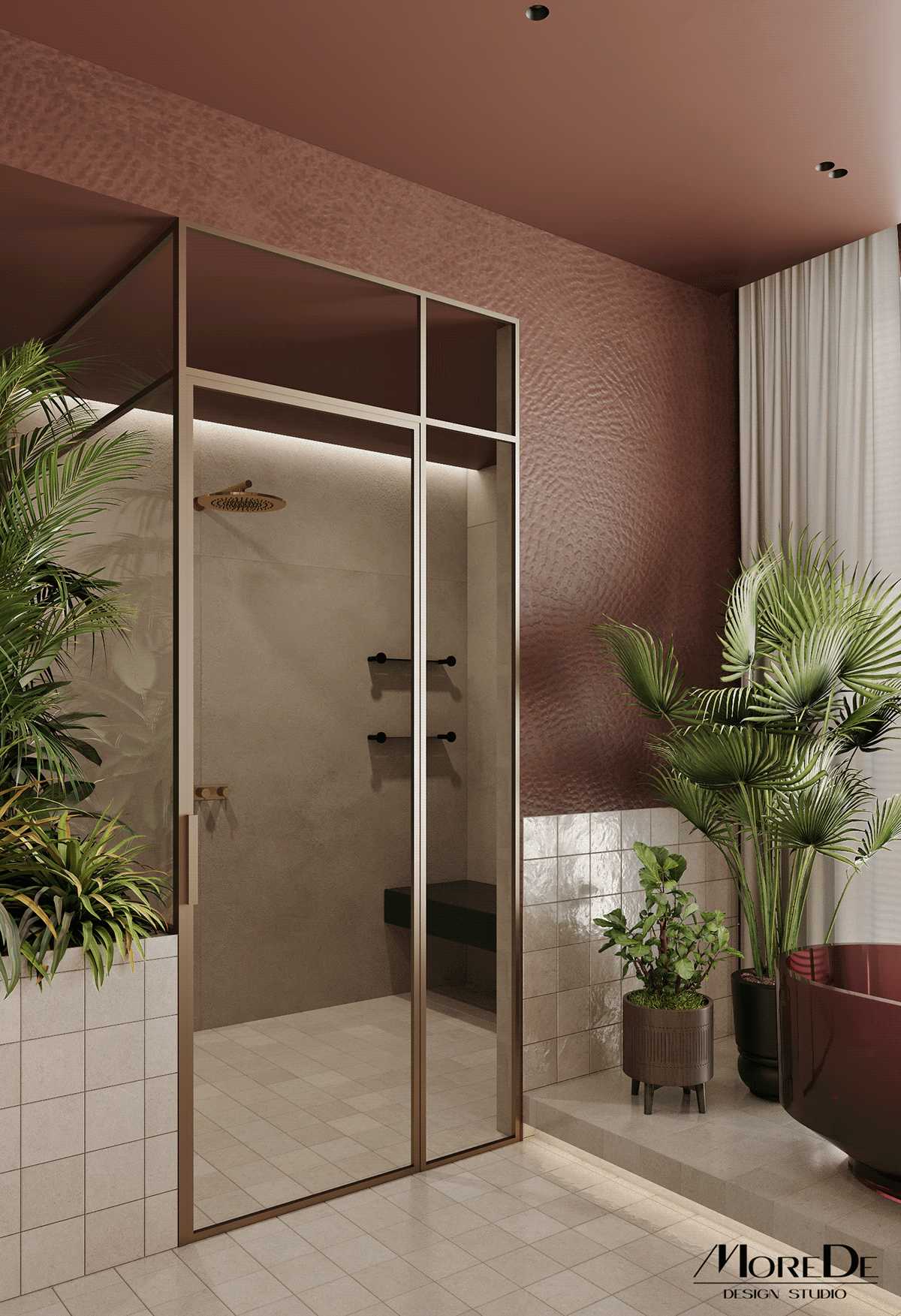 thiết kế phòng tắm master màu hồng sang chảnh