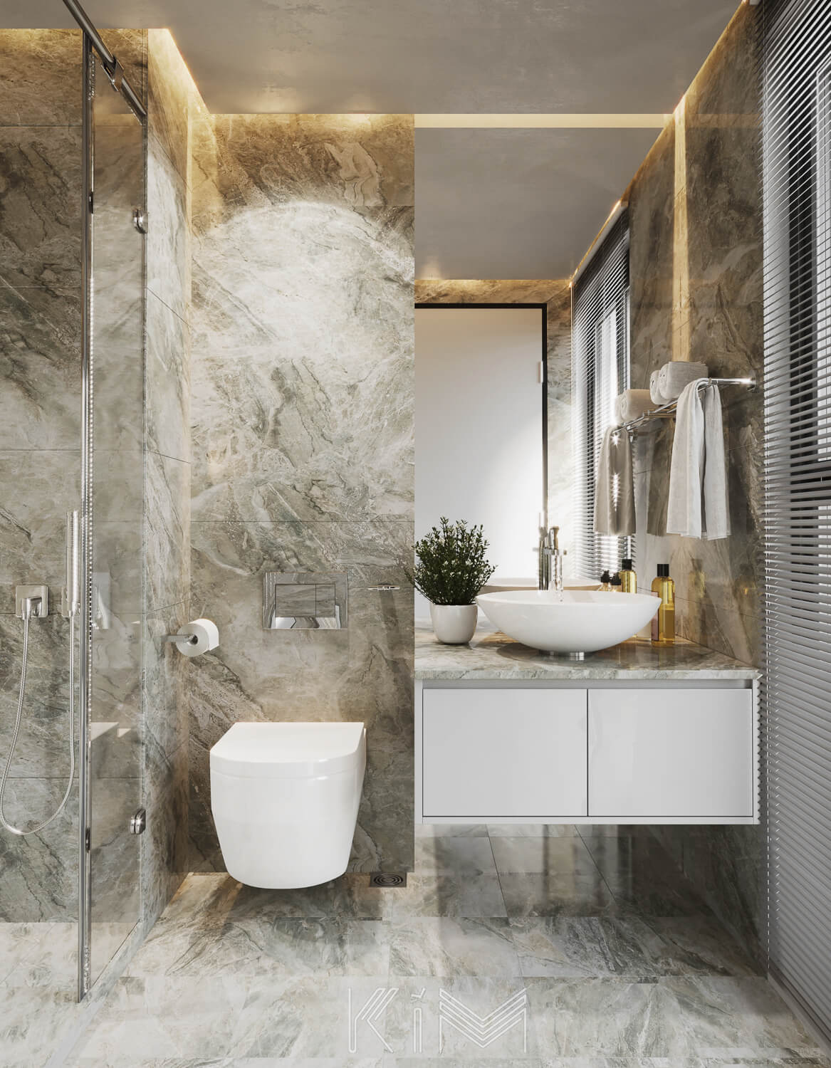 thiết kế phòng tắm master đơn giản gam màu sáng kim furniture