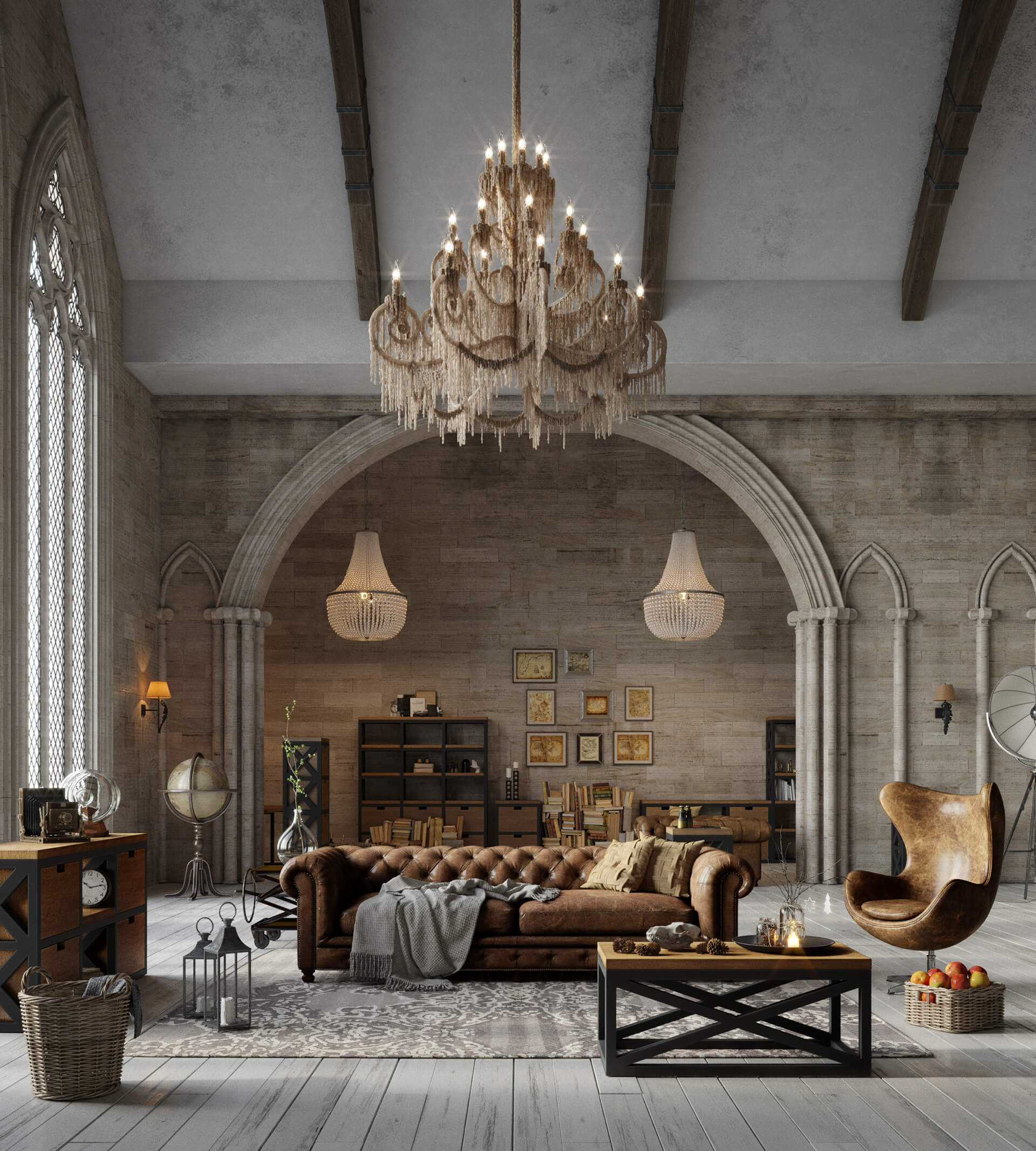 Đồ nội thất rời phong cách Công nghiệp kết hợp tường, trần, sàn Gothic