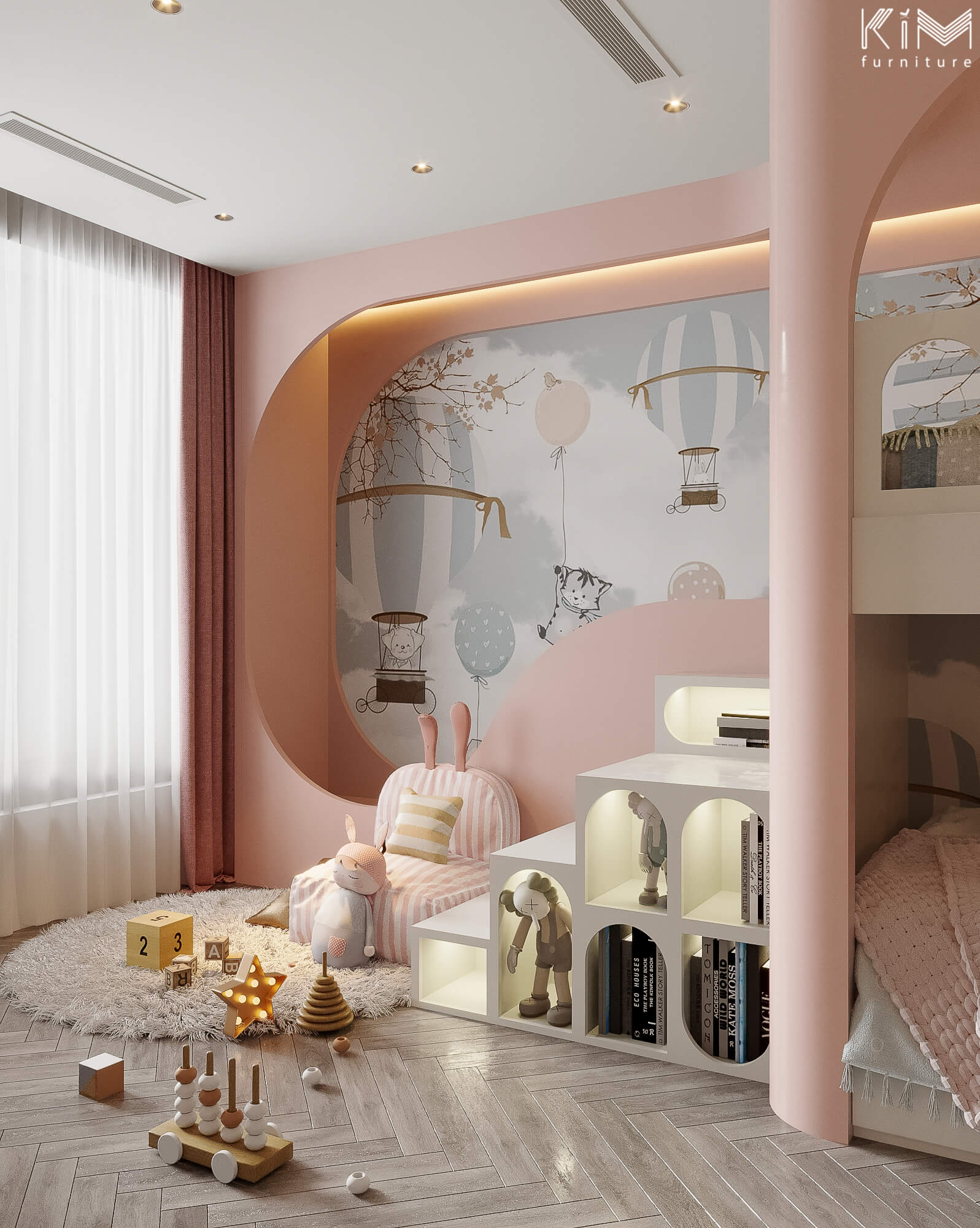 Giường tầng đẹp màu hồng cho bé gái