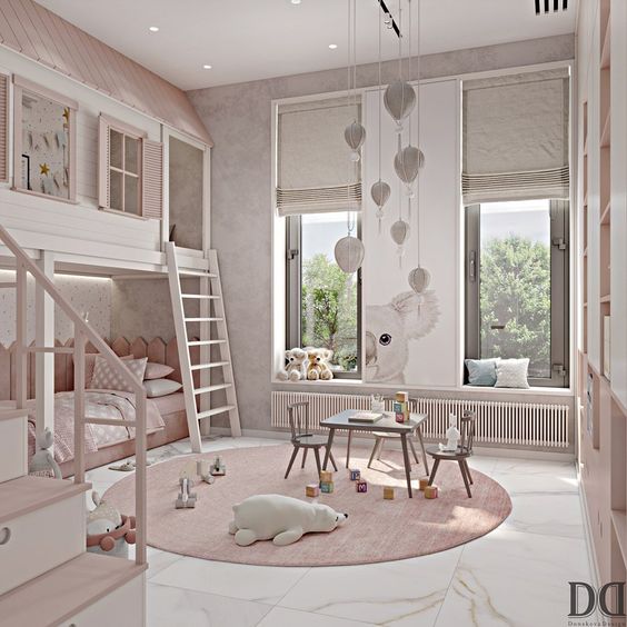 Thiết kế giường tầng màu hồng đẹp cho bé gái