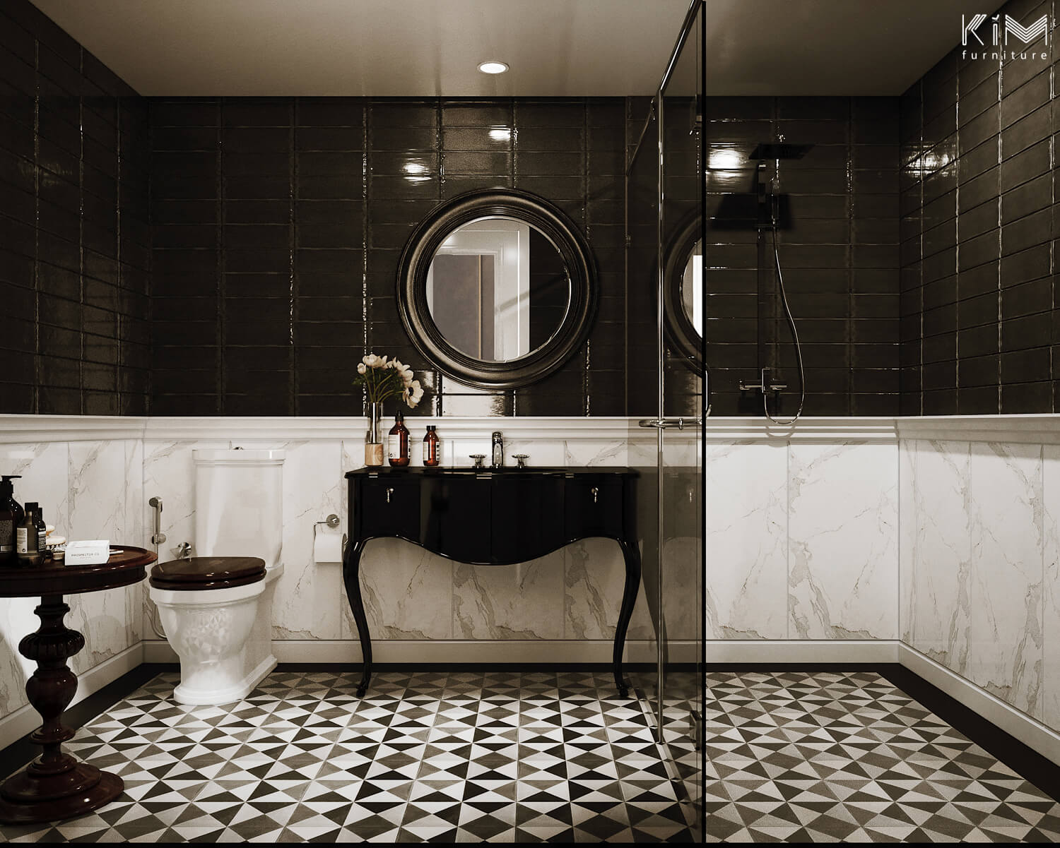 thiết kế phòng tắm master chung cư sử dụng gạch bông và gạch marble