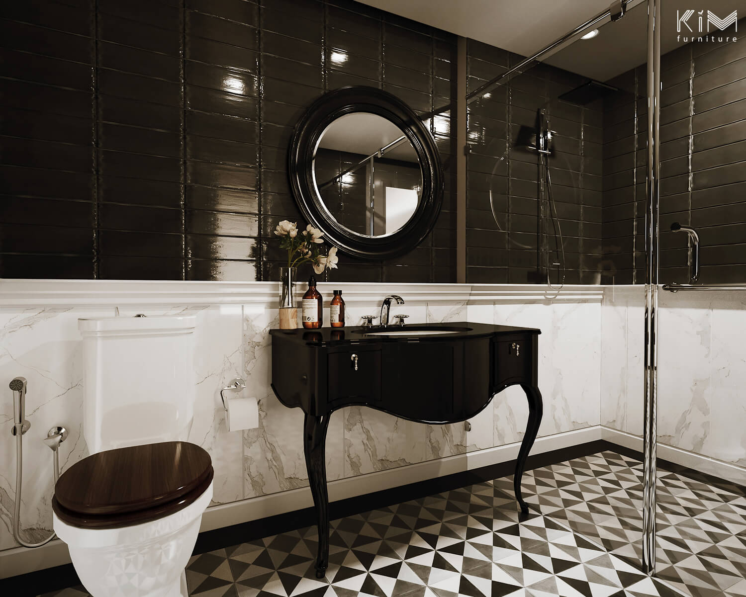 thiết kế phòng tắm master chung cư sử dụng gạch bông và gạch marble