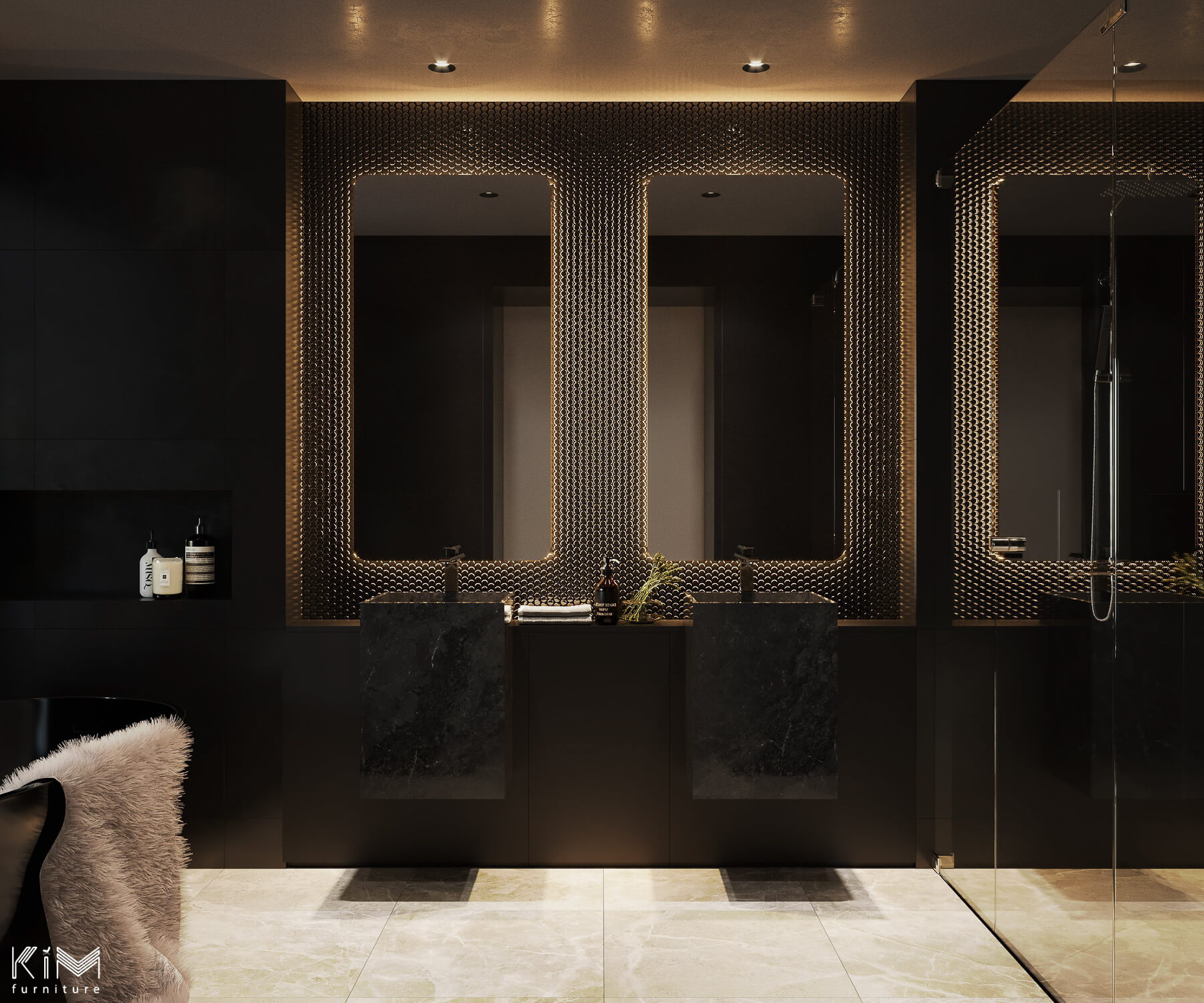 thiết kế phòng tắm master màu đen hiện đại