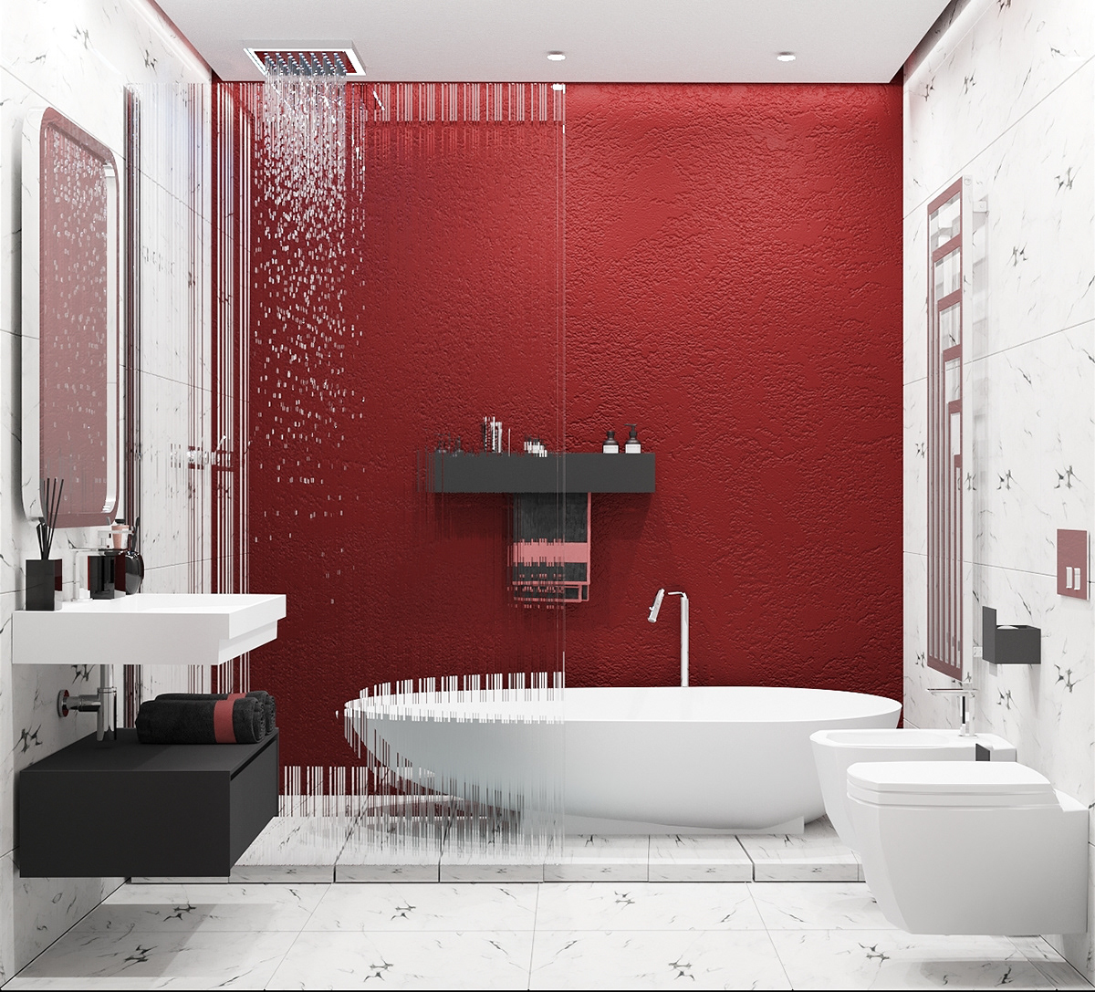 thiết kế phòng tắm master màu đỏ