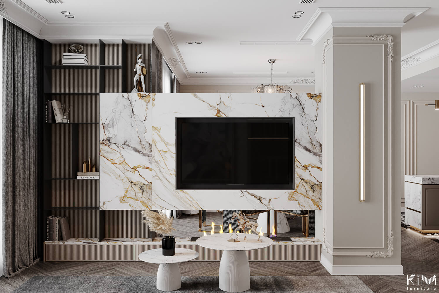 Vách ngăn phòng khách và bếp bằng đá marble vân calacatta gold