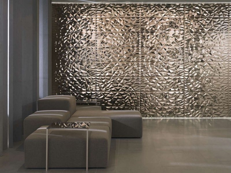 Gạch ốp tường 3D phòng khách với bề mặt phủ lớp mạ kim loại