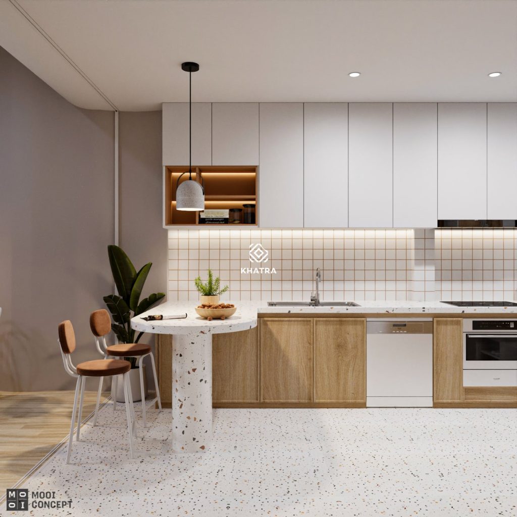 Cách phối hợp màu tươi sáng cho căn bếp. Mẫu gạch thẻ mosaic cho tường bếp và gạch terrazzo cho sàn và mặt bếp