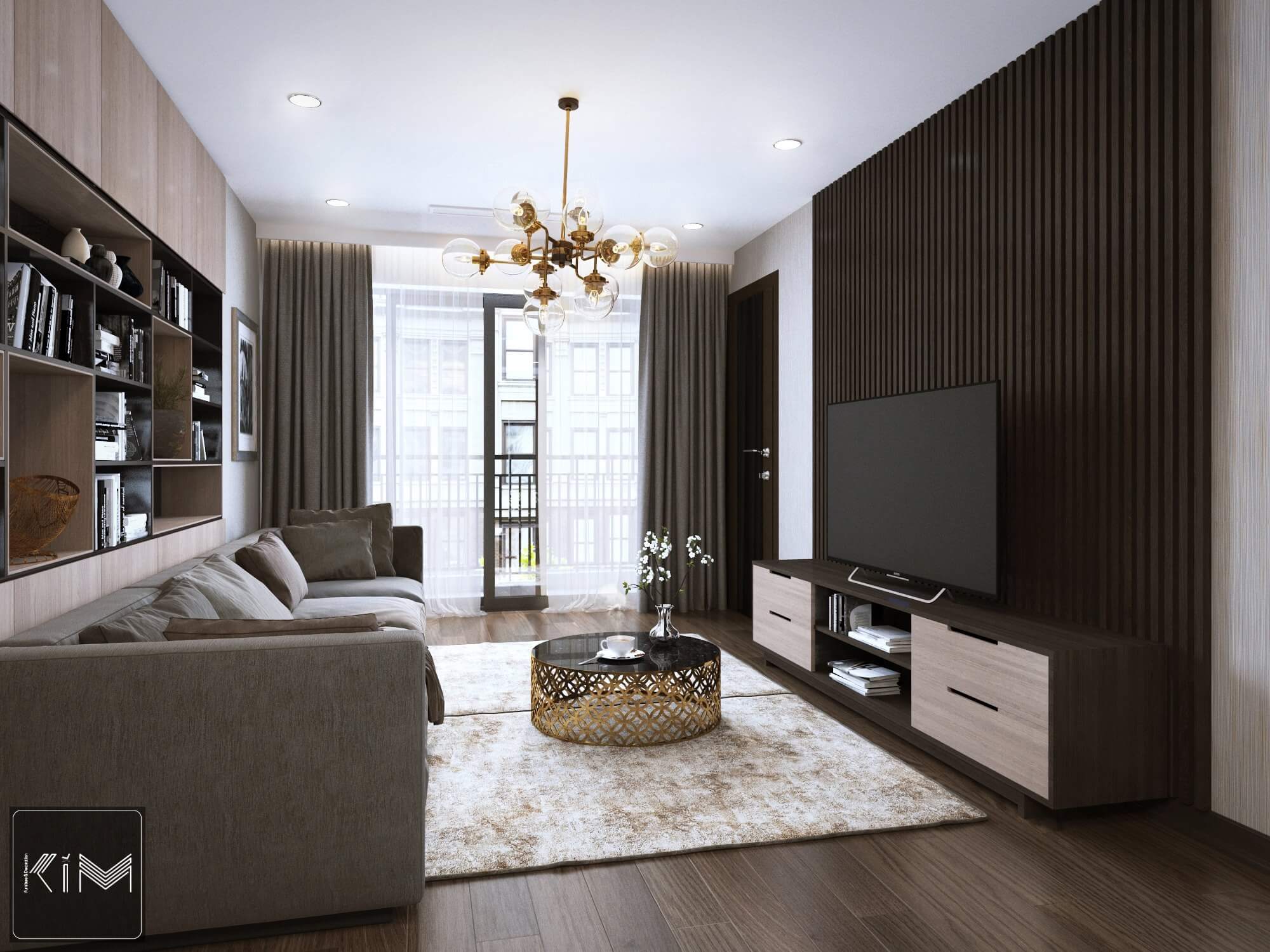 Thiết kế phòng khách với lam gỗ vách tivi tại căn hộ Five Star Garden của KIM furniture