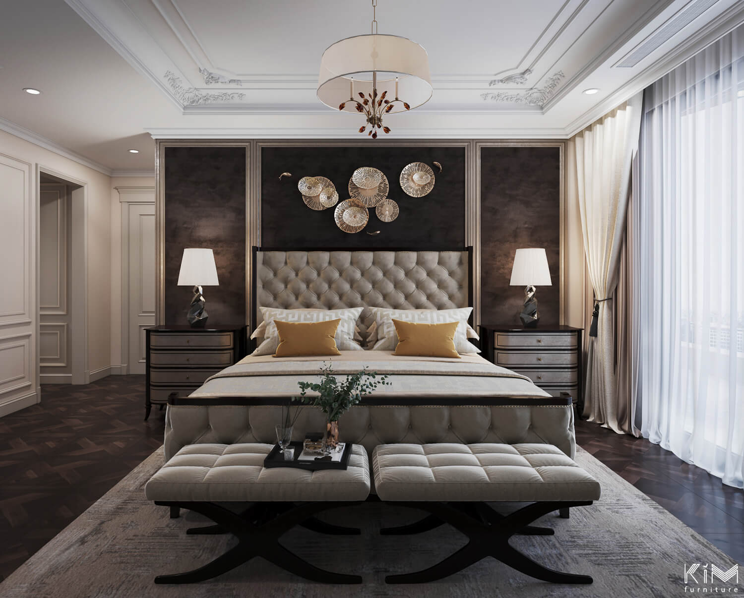 Mẫu trần nhà đẹp với phào chỉ đôi sử dụng trong thiết kế căn hộ Sun Grand City Thụy Khuê của KIM furniture