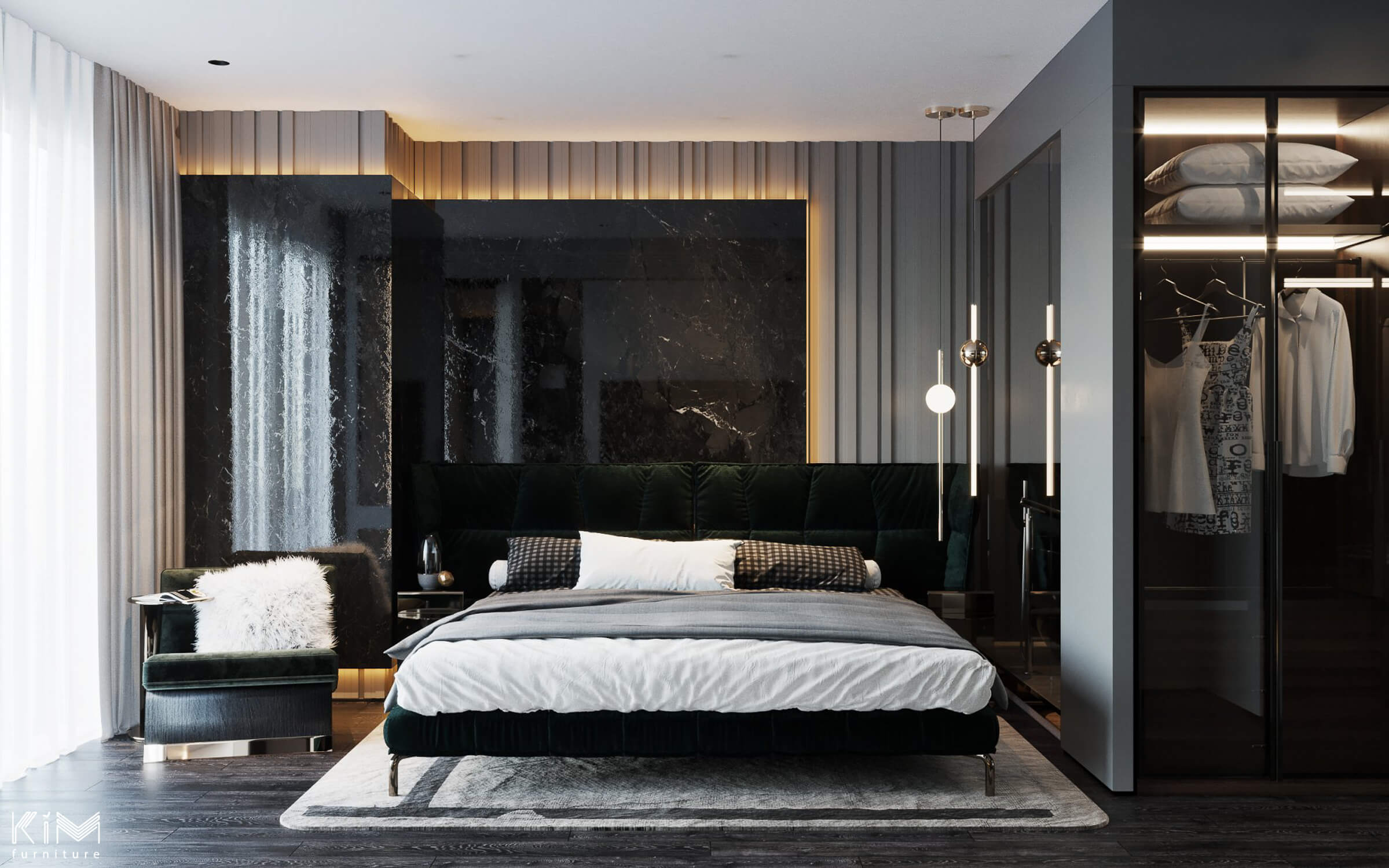 Mẫu phòng ngủ màu đen kết hợp ghi trung tính - căn hộ Royal City thiết kế bởi KIM furniture