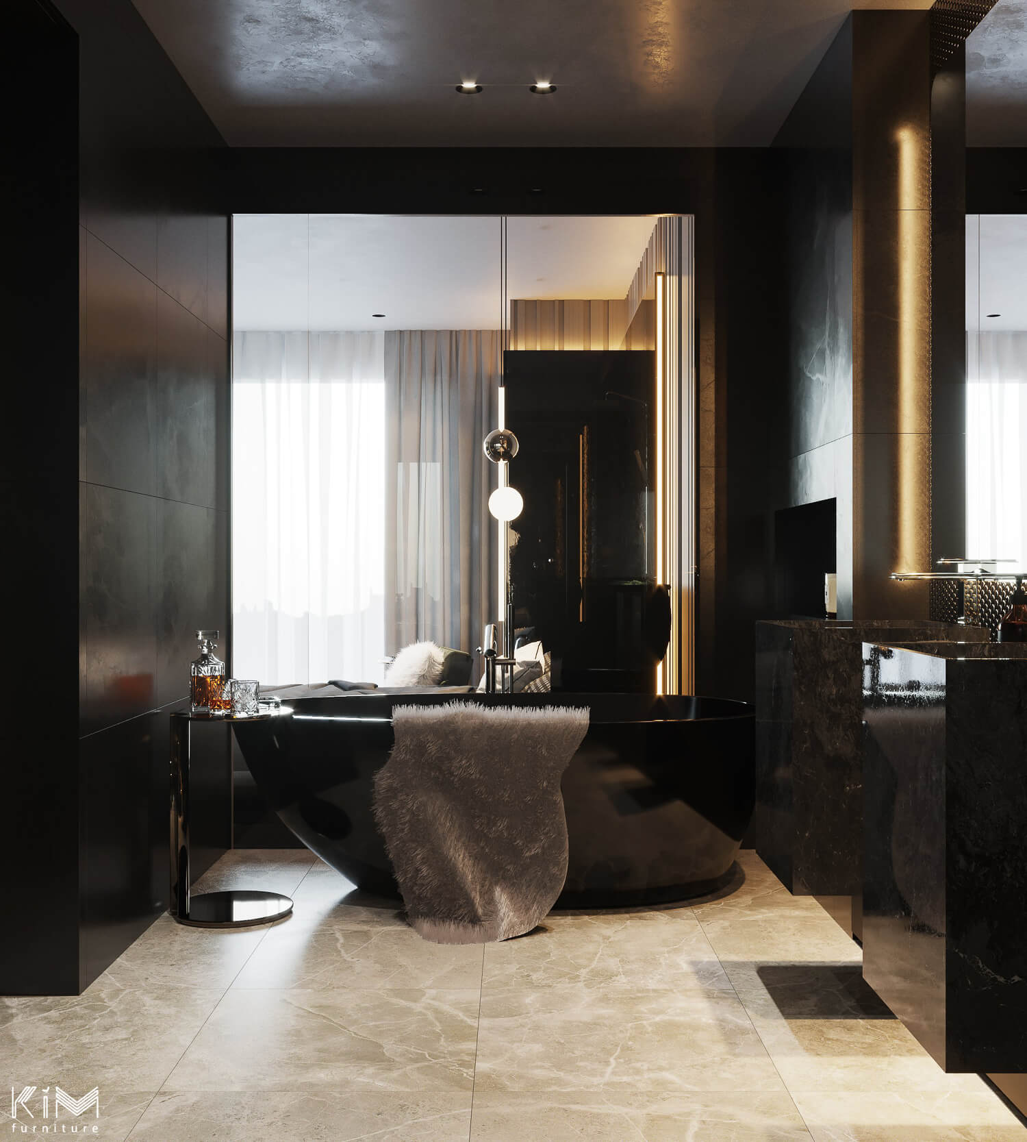 Phòng tắm trong phòng ngủ màu đen kết hợp ghi trung tính - căn hộ Royal City thiết kế bởi KIM furniture