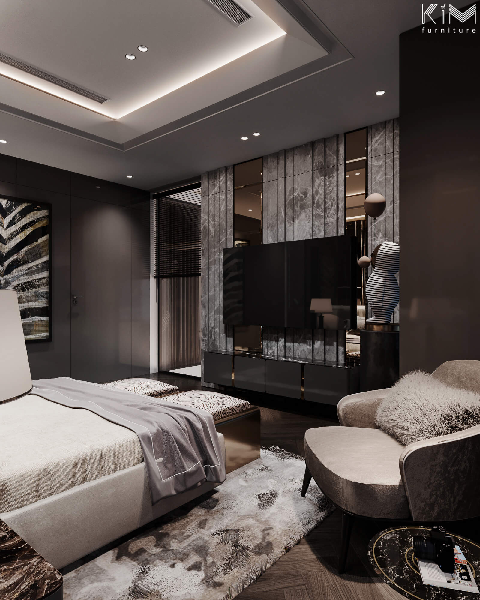 Mẫu phòng ngủ màu đen Penthouse Roman Plaza thiết kế bởi KIM furniture