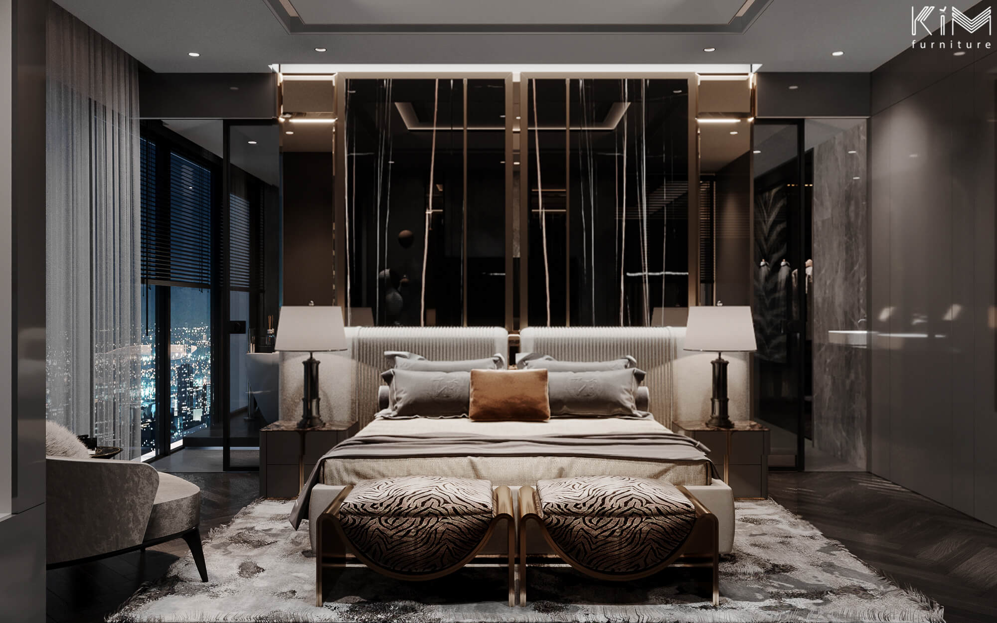 Mẫu phòng ngủ màu đen Penthouse Roman Plaza thiết kế bởi KIM furniture
